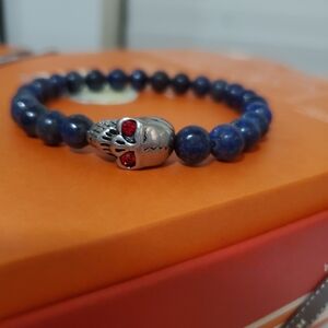 Blue Beaded Bracelet with Skull Charm